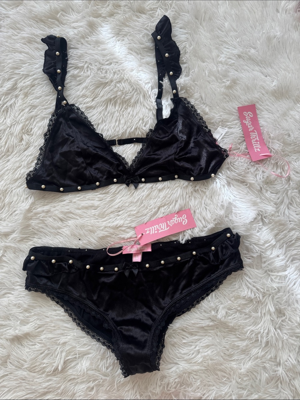 NWT Sugar Thrillz Black Silk Satin Pearl-Trim Ruffle Bralette & Brief panty Set